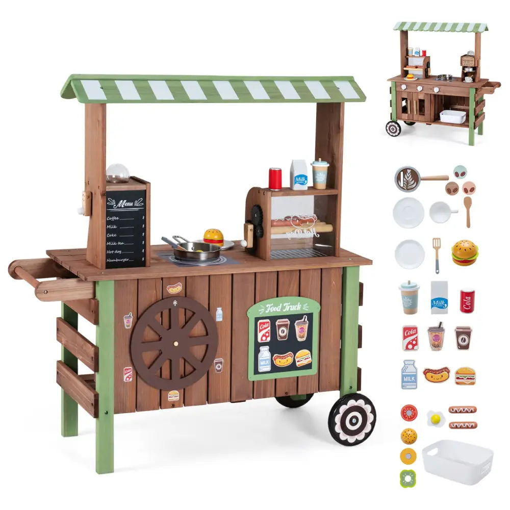 Wooden Grocery Store Playset for Kids with Large Wheels - Play Kitchen Sets