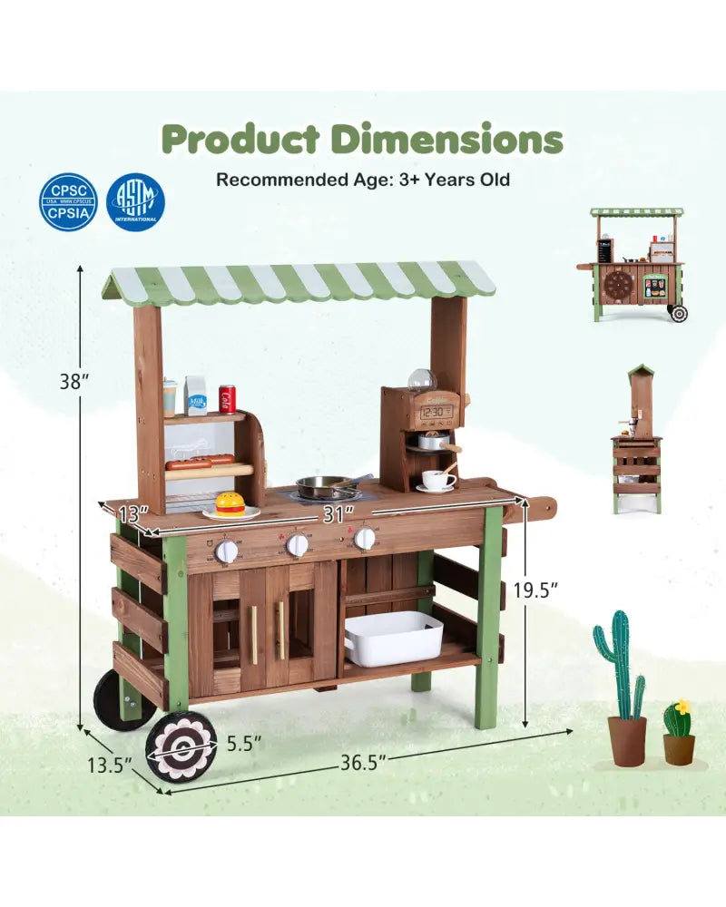 Wooden Grocery Store Playset for Kids with Large Wheels - Play Kitchen Sets