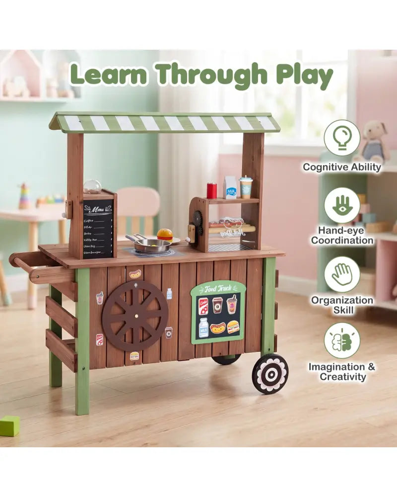 Wooden Grocery Store Playset for Kids with Large Wheels - Play Kitchen Sets