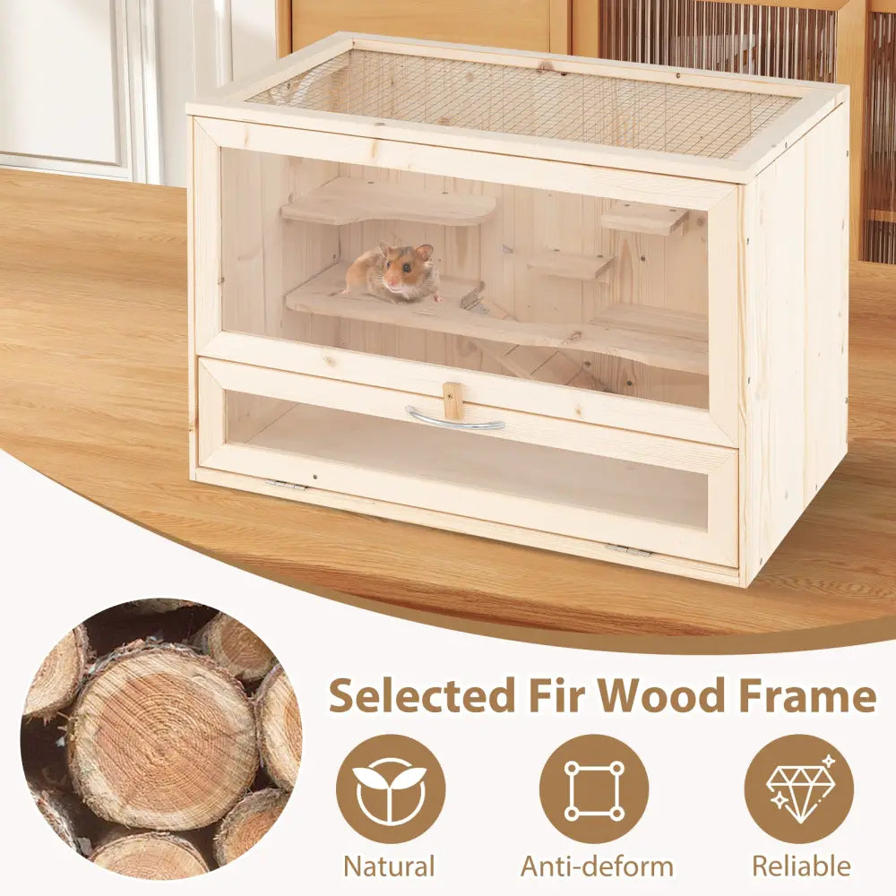 Wooden Hamster Cage with Mesh Flip Roof-Natural - Natural - Pets
