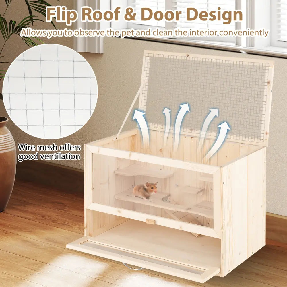 Wooden Hamster Cage with Mesh Flip Roof-Natural - Natural - Pets