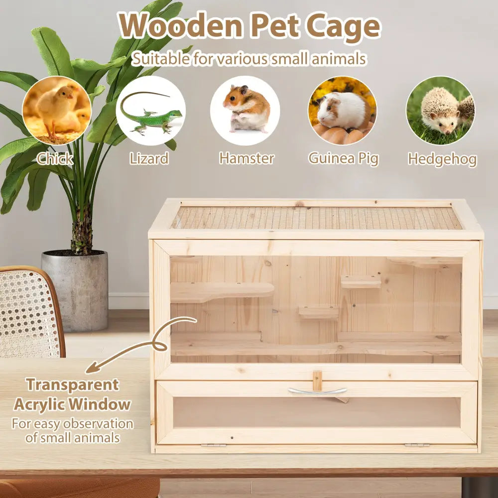 Wooden Hamster Cage with Mesh Flip Roof-Natural - Natural - Pets