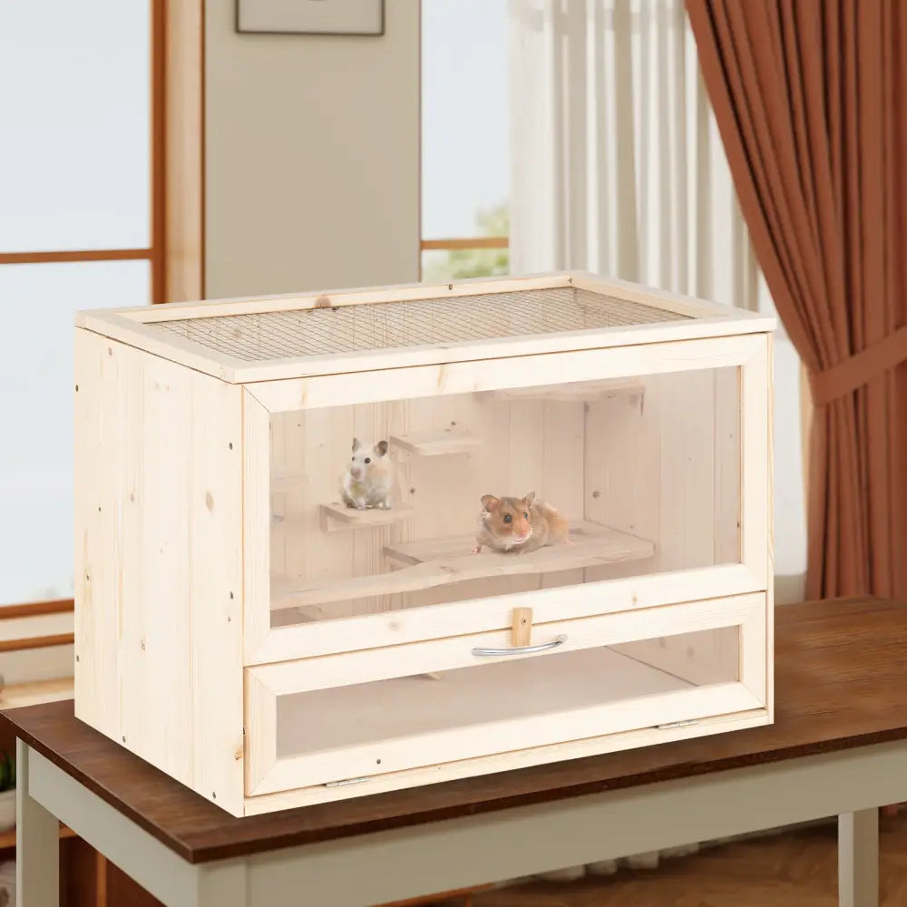 Wooden Hamster Cage with Mesh Flip Roof-Natural - Natural - Pets