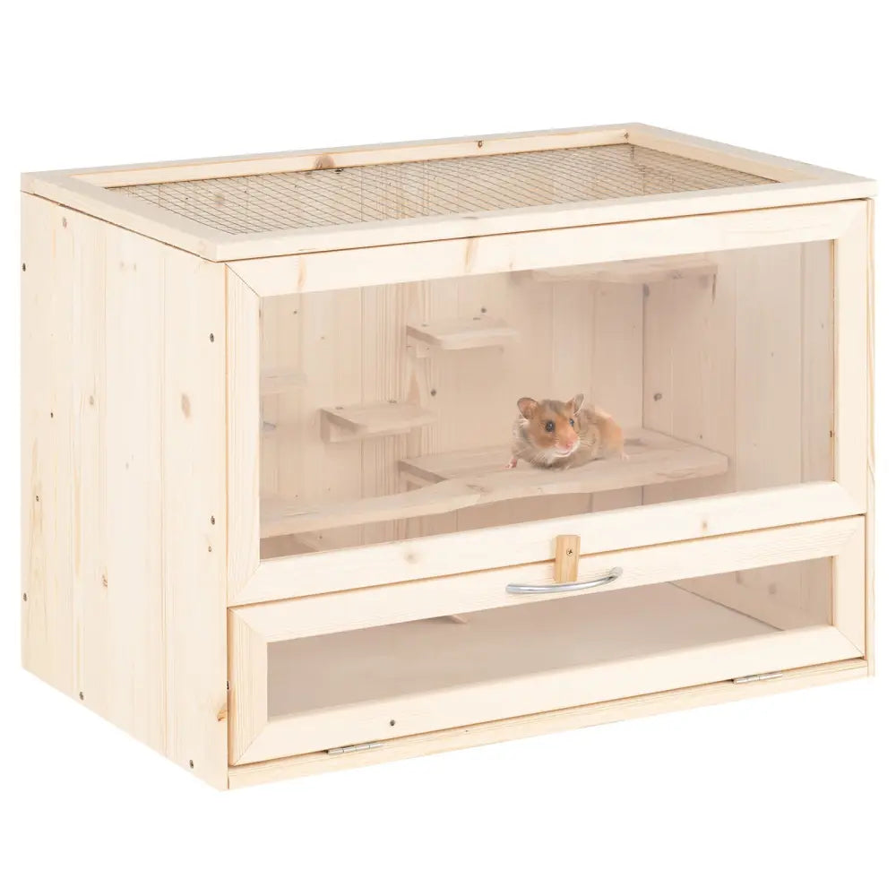 Wooden Hamster Cage with Mesh Flip Roof-Natural - Natural - Pets