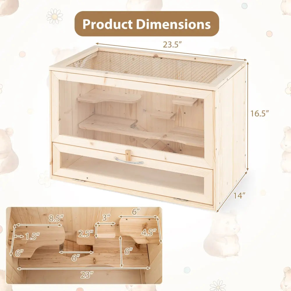 Wooden Hamster Cage with Mesh Flip Roof-Natural - Natural - Pets
