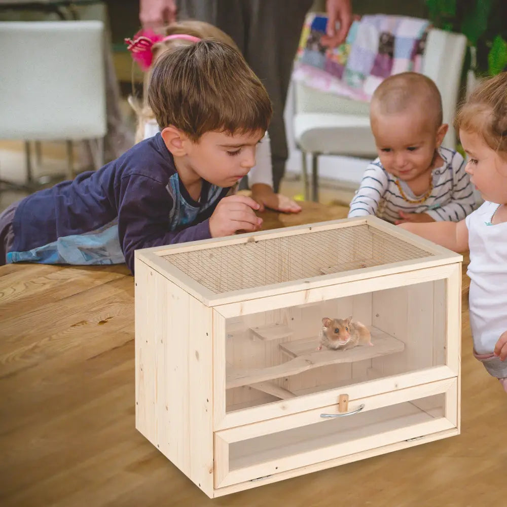 Wooden Hamster Cage with Mesh Flip Roof-Natural - Natural - Pets