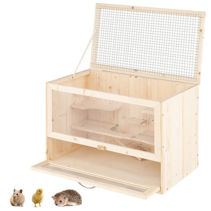Wooden Hamster Cage with Mesh Flip Roof-Natural - Natural - Pets