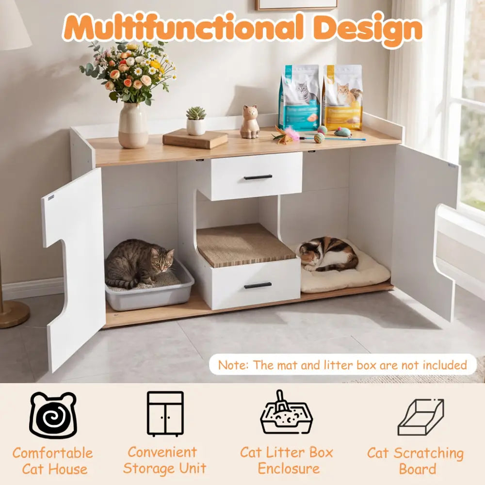 Wooden Hidden Cat House Cabinet with Wide Countertop 2 Drawers and 2 Doors-Natrual - Natural - Cat Houses
