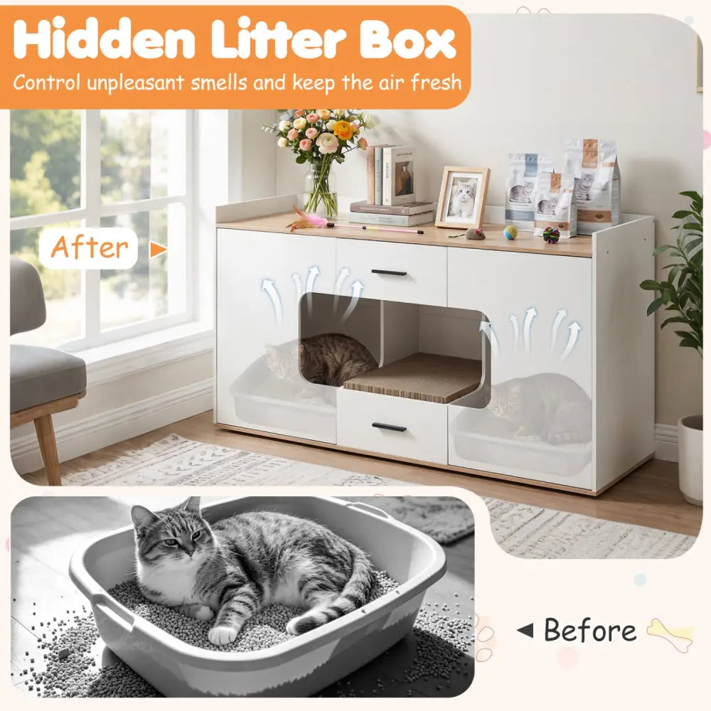 Wooden Hidden Cat House Cabinet with Wide Countertop 2 Drawers and 2 Doors-Natrual - Natural - Cat Houses