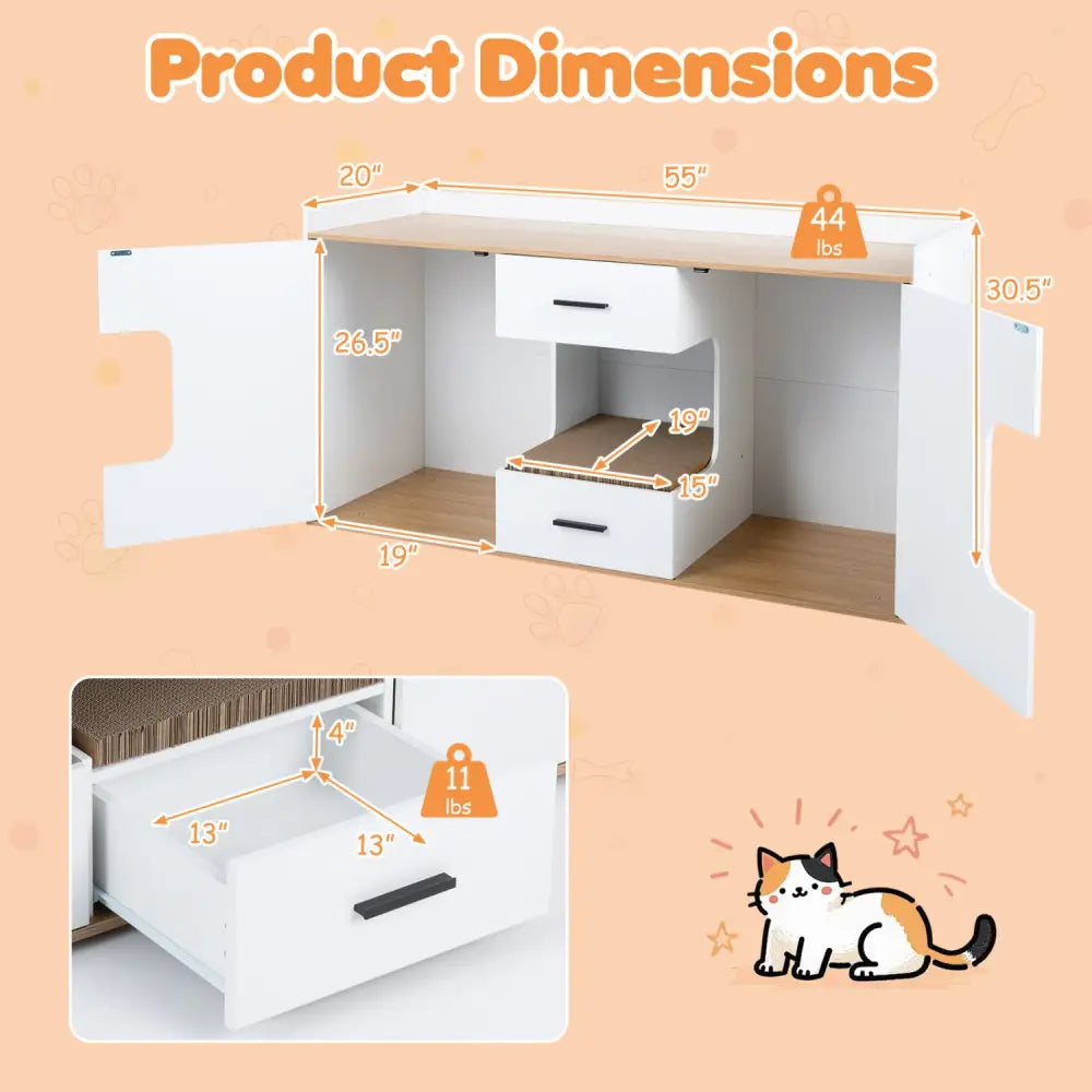 Wooden Hidden Cat House Cabinet with Wide Countertop 2 Drawers and 2 Doors-Natrual - Natural - Cat Houses