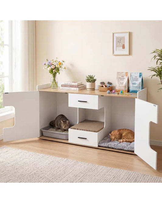 Wooden Hidden Cat House Cabinet with Wide Countertop 2 Drawers and 2 Doors-Natrual - Natural - Cat Houses