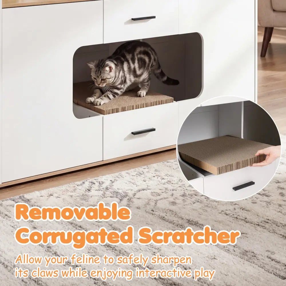 Wooden Hidden Cat House Cabinet with Wide Countertop 2 Drawers and 2 Doors-Natrual - Natural - Cat Houses