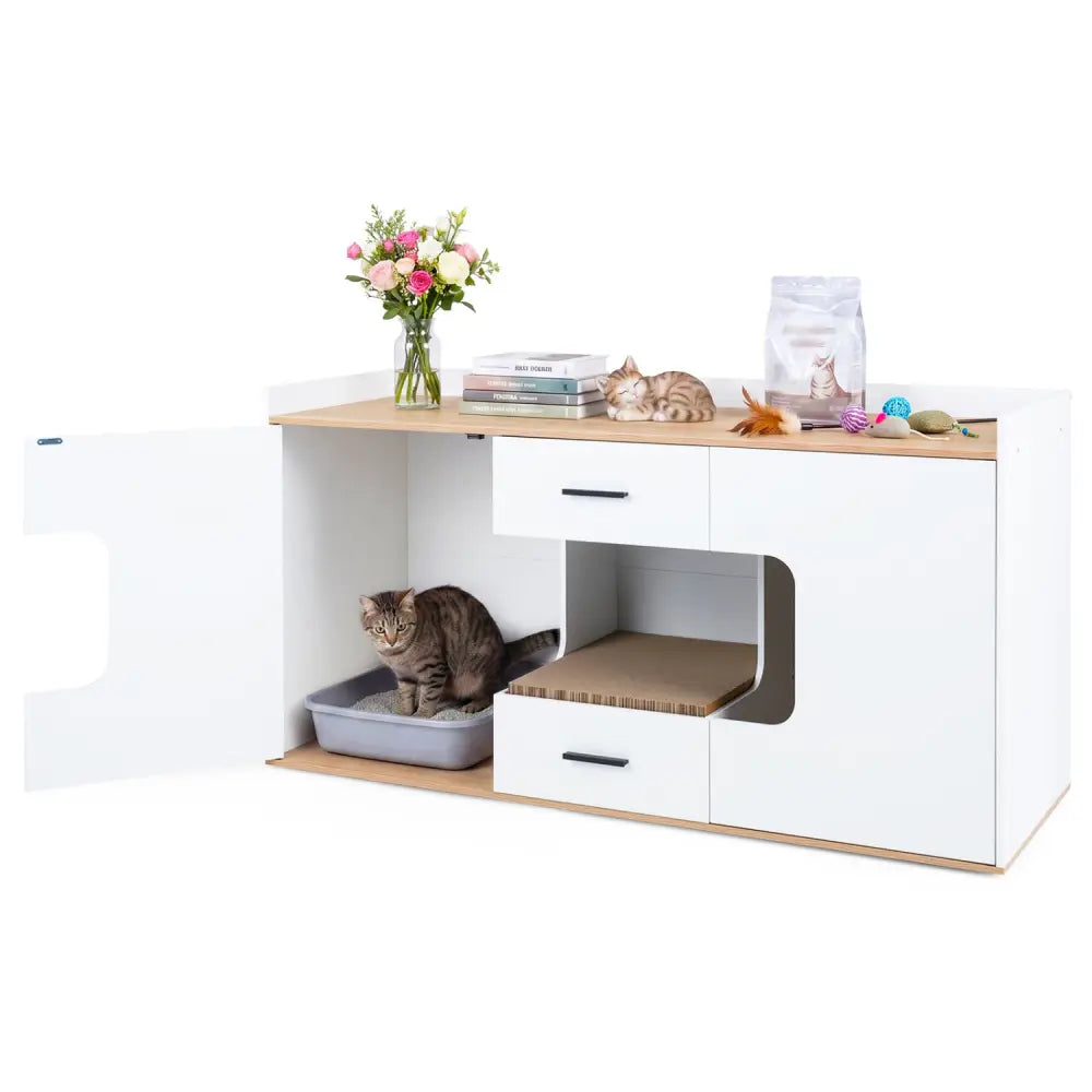 Wooden Hidden Cat House Cabinet with Wide Countertop 2 Drawers and 2 Doors-Natrual - Natural - Cat Houses