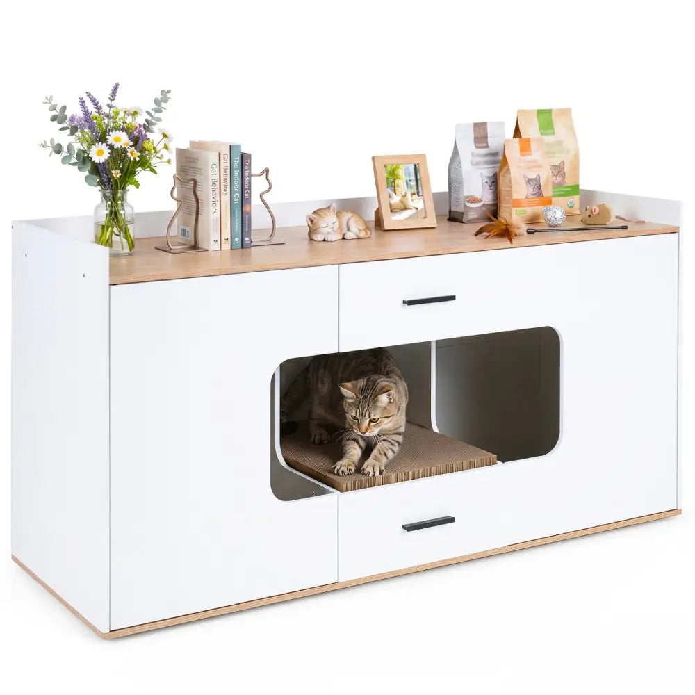 Wooden Hidden Cat House Cabinet with Wide Countertop 2 Drawers and 2 Doors-Natrual - Natural - Cat Houses