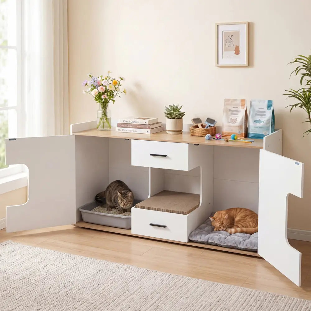 Wooden Hidden Cat House Cabinet with Wide Countertop 2 Drawers and 2 Doors-Natrual - Natural - Cat Houses