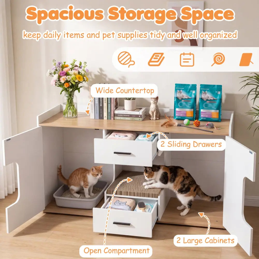 Wooden Hidden Cat House Cabinet with Wide Countertop 2 Drawers and 2 Doors-Natrual - Natural - Cat Houses