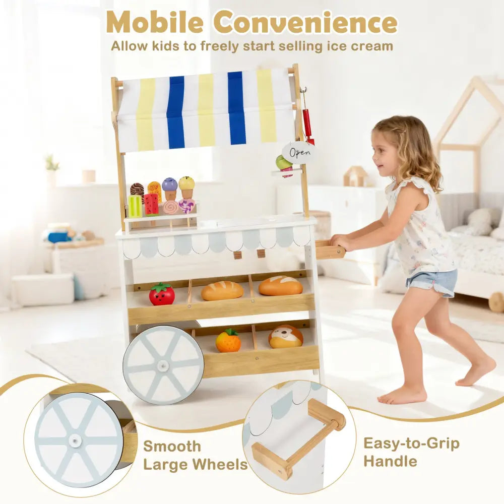 Wooden Ice Cream Cart for Kids 2-in-1 Grocery Store Playset with Display Shelves-White - White - Play Kitchen Sets