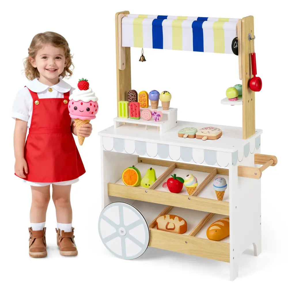 Wooden Ice Cream Cart for Kids 2-in-1 Grocery Store Playset with Display Shelves-White - White - Play Kitchen Sets