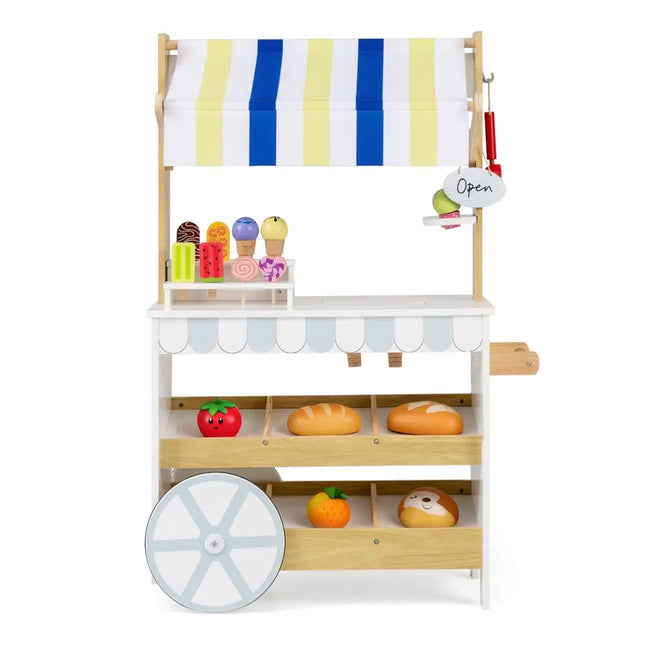 Wooden Ice Cream Cart for Kids 2 - in - 1 Grocery Store Playset with Display Shelves - White - Oasis Home Essentials