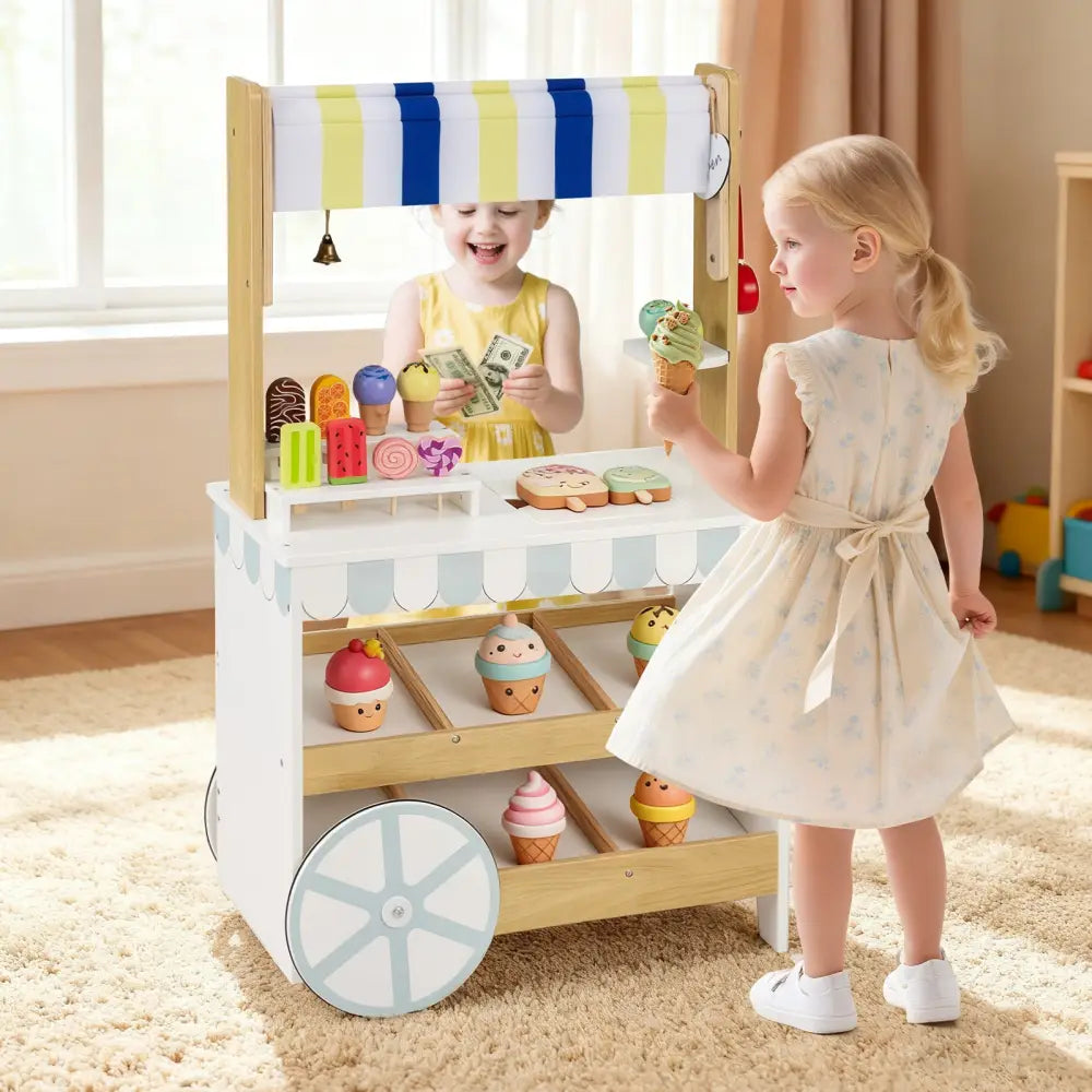 Wooden Ice Cream Cart for Kids 2-in-1 Grocery Store Playset with Display Shelves-White - White - Play Kitchen Sets