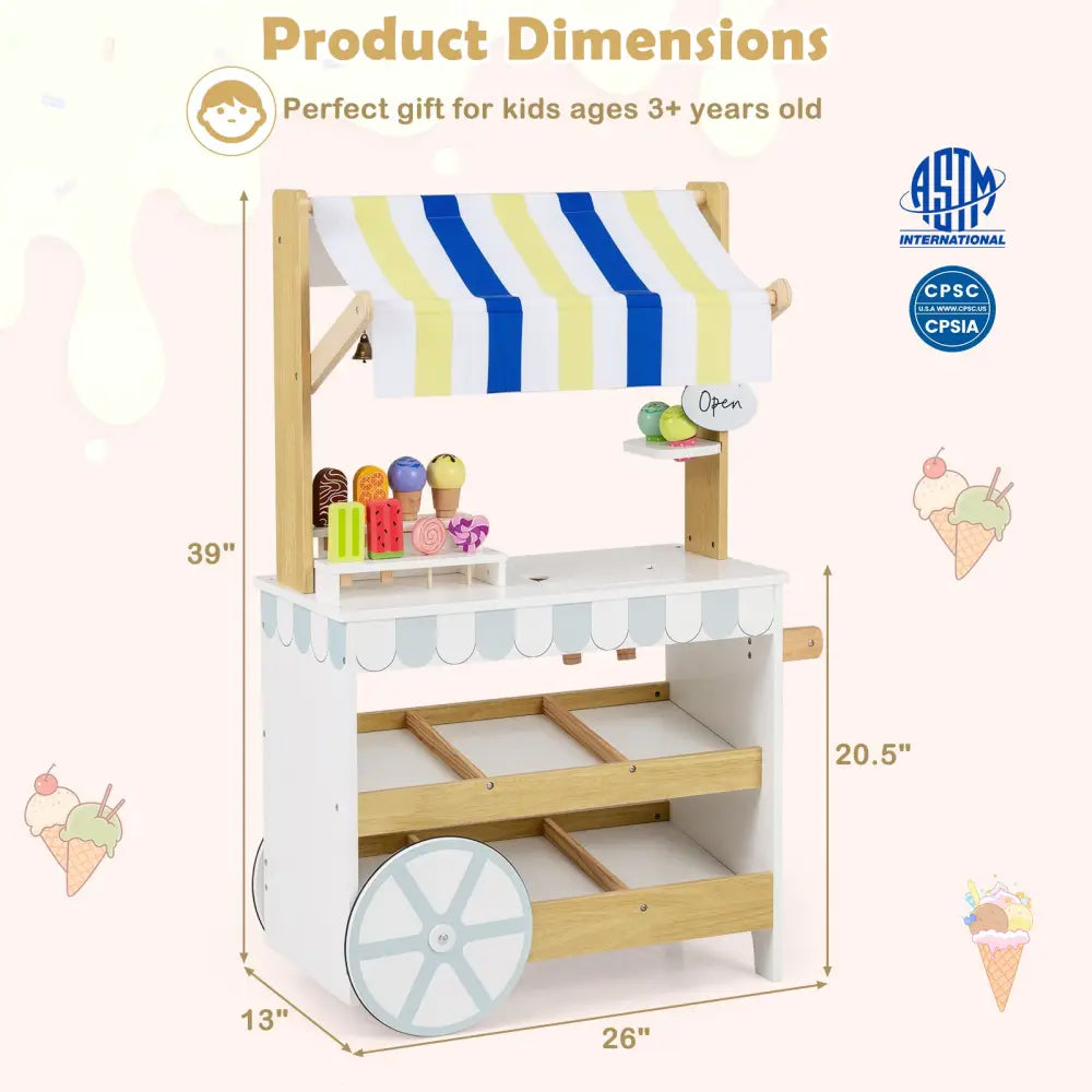 Wooden Ice Cream Cart for Kids 2-in-1 Grocery Store Playset with Display Shelves-White - White - Play Kitchen Sets