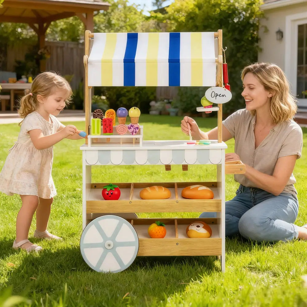 Wooden Ice Cream Cart for Kids 2-in-1 Grocery Store Playset with Display Shelves-White - White - Play Kitchen Sets