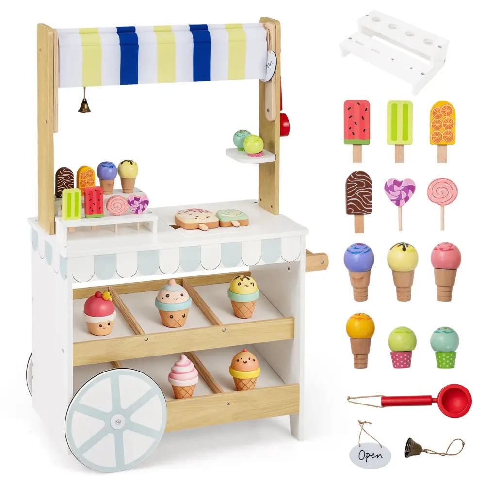 Wooden Ice Cream Cart for Kids 2-in-1 Grocery Store Playset with Display Shelves-White - White - Play Kitchen Sets