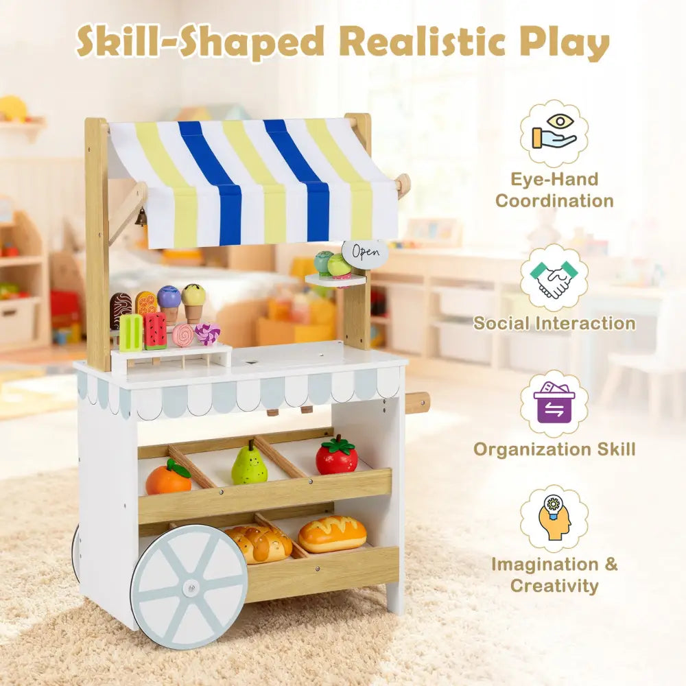 Wooden Ice Cream Cart for Kids 2-in-1 Grocery Store Playset with Display Shelves-White - White - Play Kitchen Sets