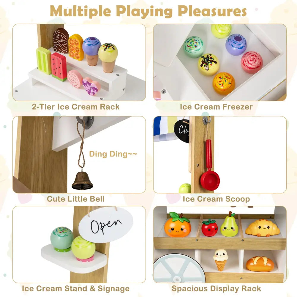 Wooden Ice Cream Cart for Kids 2-in-1 Grocery Store Playset with Display Shelves-White - White - Play Kitchen Sets