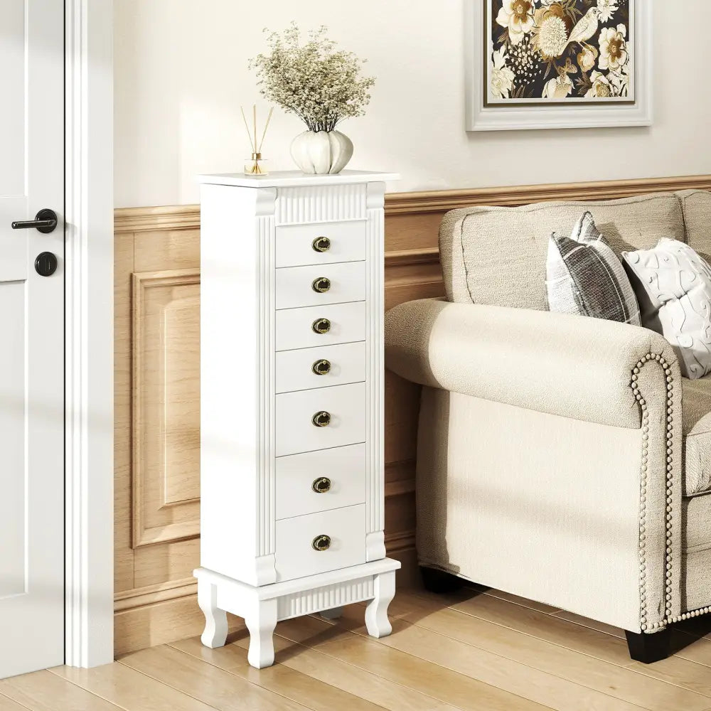 Wooden Jewelry Armoire Cabinet Storage Chest with Drawers and Swing Doors-White - White - Jewelry Armoires