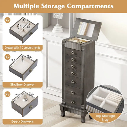 Wooden Jewelry Armoire Cabinet Storage Chest with Drawers and Swing Doors-Gray - Gray - Jewelry Armoires
