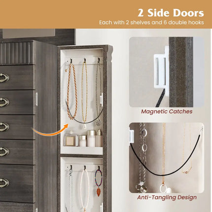 Wooden Jewelry Armoire Cabinet Storage Chest with Drawers and Swing Doors-Gray - Gray - Jewelry Armoires