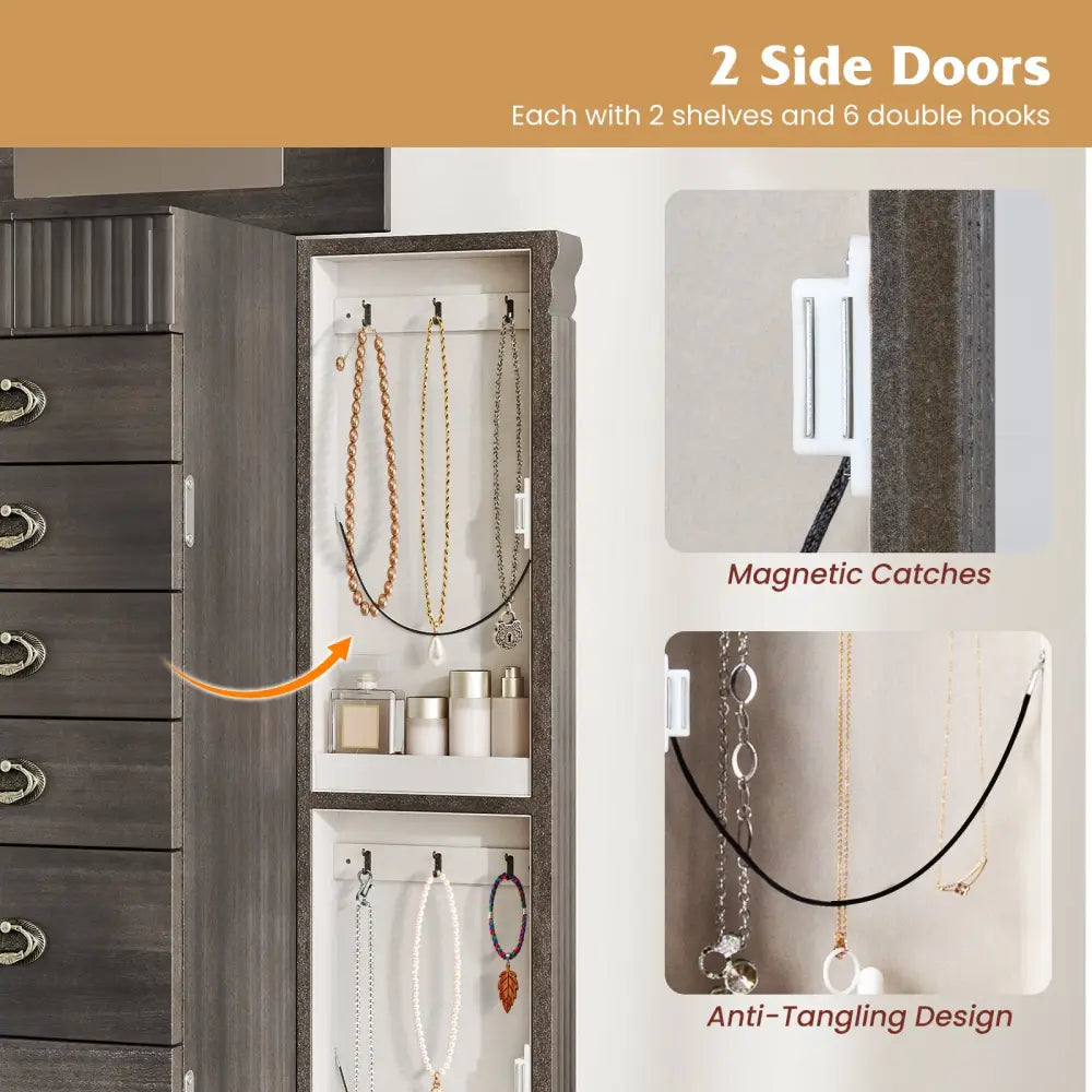Wooden Jewelry Armoire Cabinet Storage Chest with Drawers and Swing Doors-Gray - Gray - Jewelry Armoires