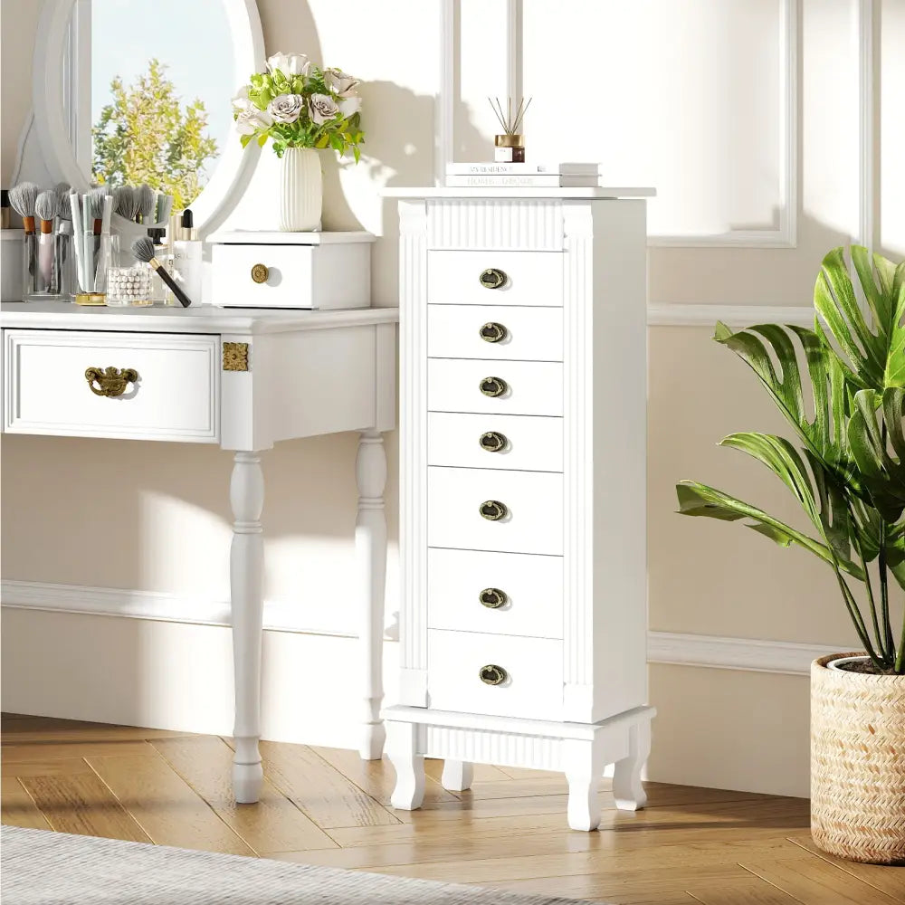 Wooden Jewelry Armoire Cabinet Storage Chest with Drawers and Swing Doors-White - White - Jewelry Armoires