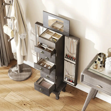 Wooden Jewelry Armoire Cabinet Storage Chest with Drawers and Swing Doors-Gray - Gray - Jewelry Armoires