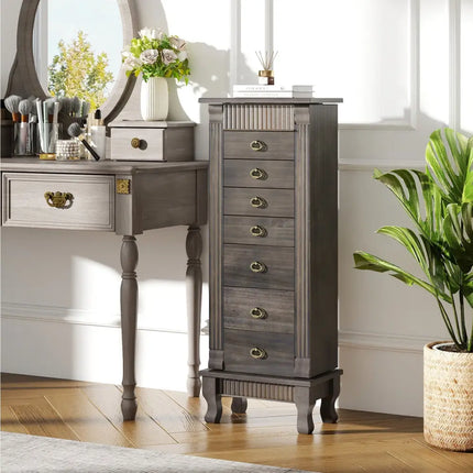 Wooden Jewelry Armoire Cabinet Storage Chest with Drawers and Swing Doors-Gray - Gray - Jewelry Armoires