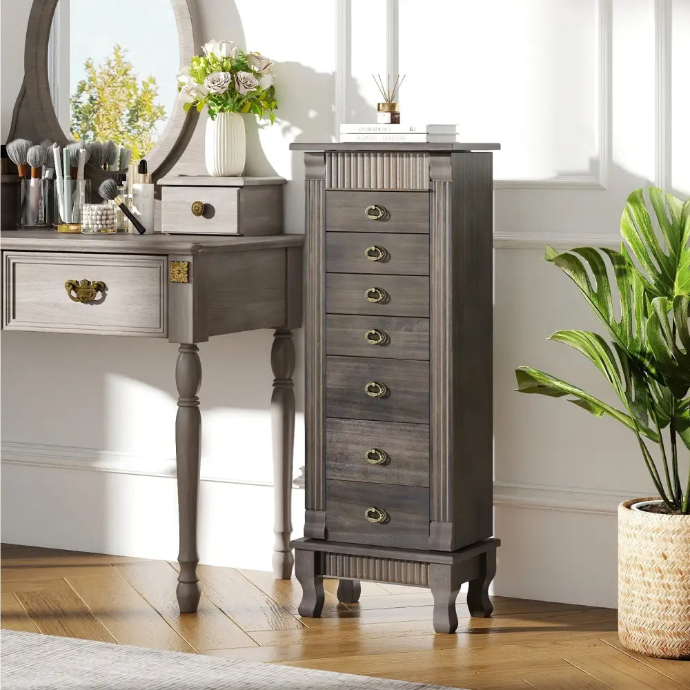 Wooden Jewelry Armoire Cabinet Storage Chest with Drawers and Swing Doors-Gray - Gray - Jewelry Armoires