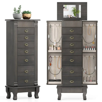 Wooden Jewelry Armoire Cabinet Storage Chest with Drawers and Swing Doors-Gray - Gray - Jewelry Armoires