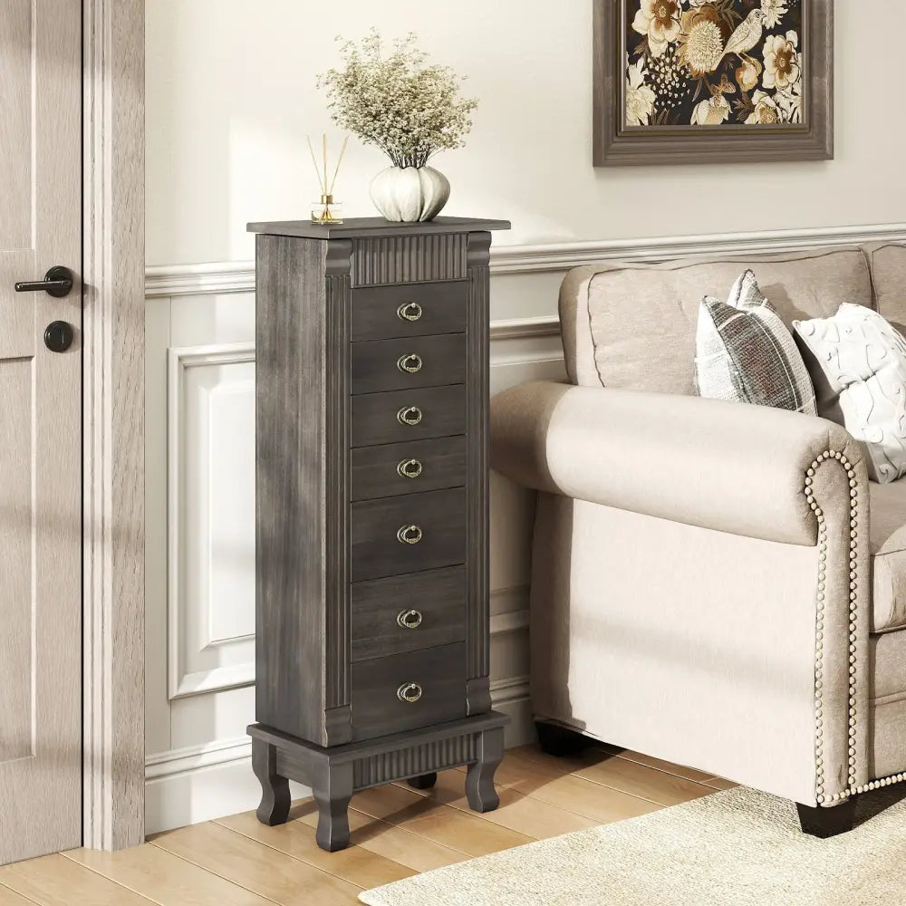 Wooden Jewelry Armoire Cabinet Storage Chest with Drawers and Swing Doors-Gray - Gray - Jewelry Armoires