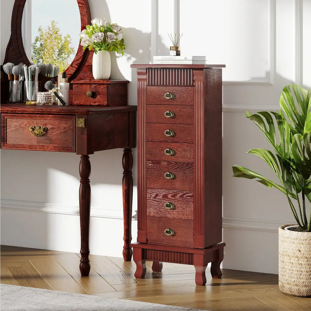 Wooden Jewelry Armoire Cabinet Storage Chest with Drawers and Swing Doors-Brown - Brown - Jewelry Armoires