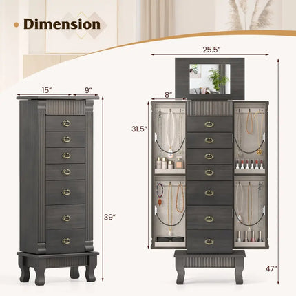 Wooden Jewelry Armoire Cabinet Storage Chest with Drawers and Swing Doors-Gray - Gray - Jewelry Armoires