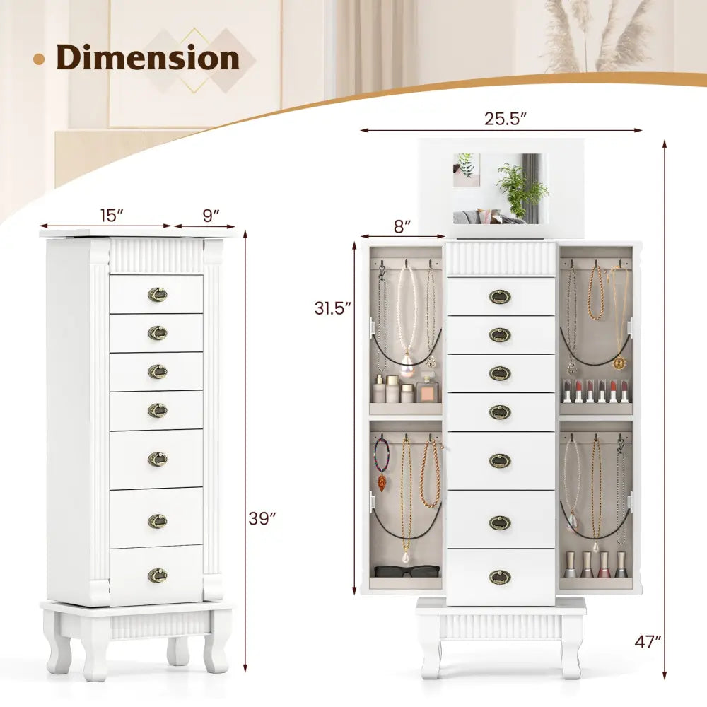 Wooden Jewelry Armoire Cabinet Storage Chest with Drawers and Swing Doors-White - White - Jewelry Armoires