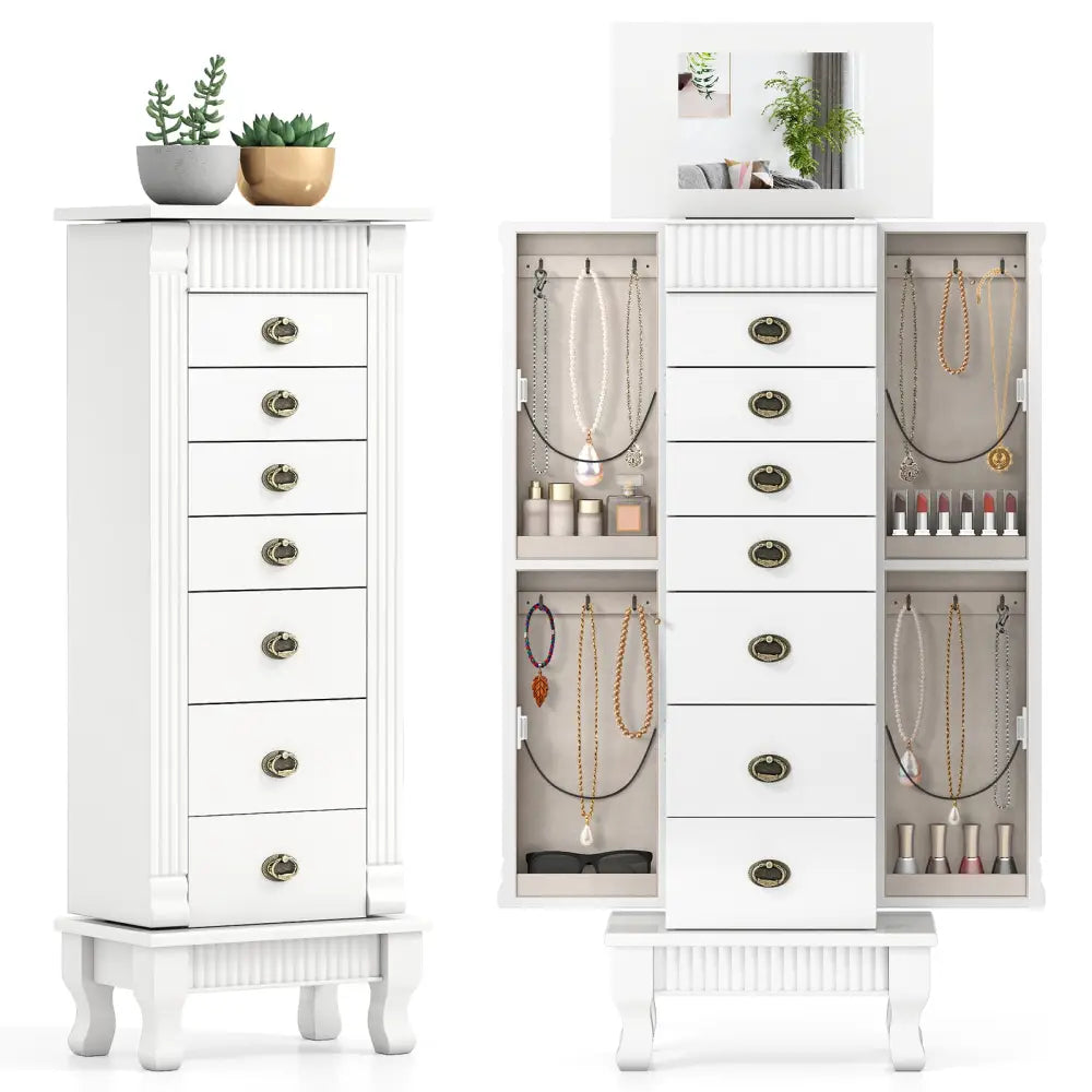 Wooden Jewelry Armoire Cabinet Storage Chest with Drawers and Swing Doors-White - White - Jewelry Armoires