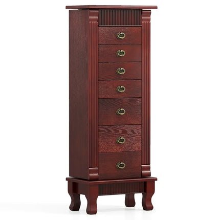 Wooden Jewelry Armoire Cabinet Storage Chest with Drawers and Swing Doors-Brown - Brown - Jewelry Armoires