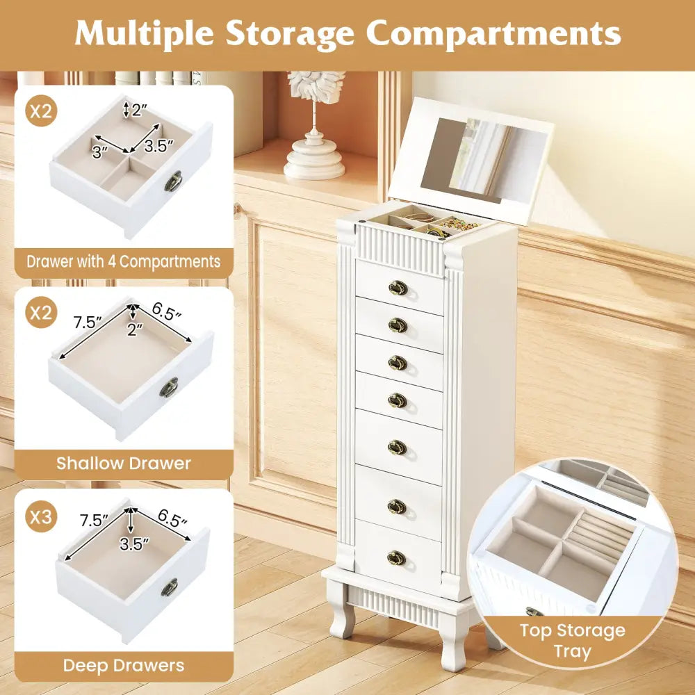 Wooden Jewelry Armoire Cabinet Storage Chest with Drawers and Swing Doors-White - White - Jewelry Armoires