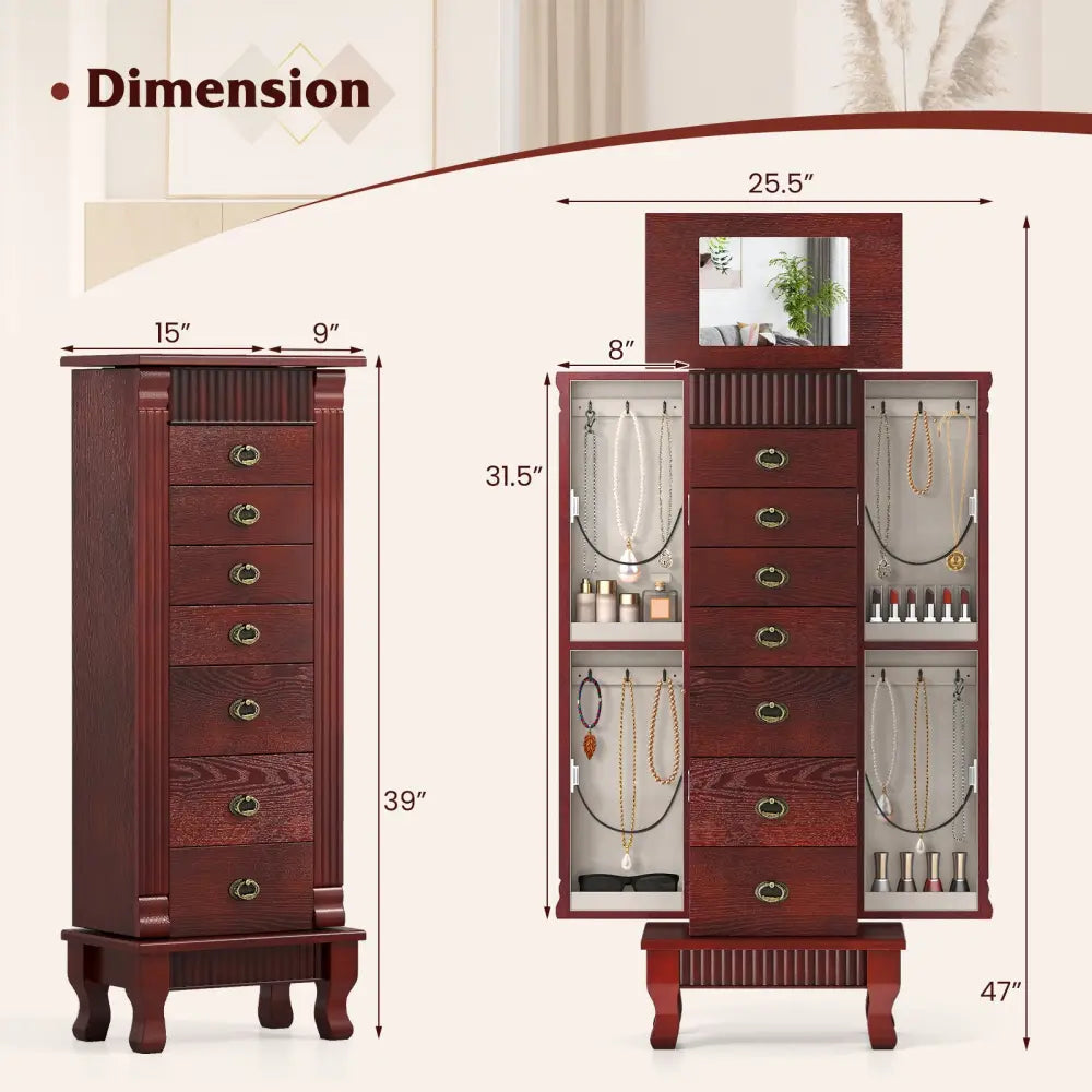 Wooden Jewelry Armoire Cabinet Storage Chest with Drawers and Swing Doors-Brown - Brown - Jewelry Armoires