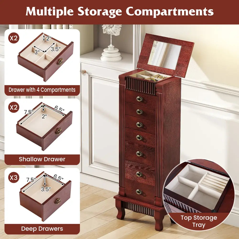 Wooden Jewelry Armoire Cabinet Storage Chest with Drawers and Swing Doors-Brown - Brown - Jewelry Armoires