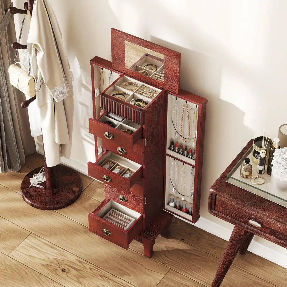 Wooden Jewelry Armoire Cabinet Storage Chest with Drawers and Swing Doors-Brown - Brown - Jewelry Armoires