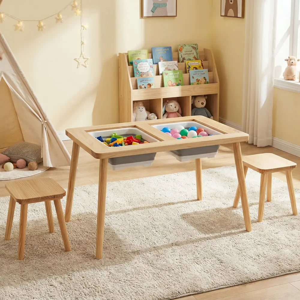 Wooden Kids Activity Table Set with 2 Foldable Storage Bins-Natural - Natural - Kids Table & Chair Sets