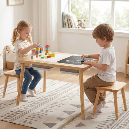 Wooden Kids Activity Table Set with 2 Foldable Storage Bins-Natural - Natural - Kids Table & Chair Sets